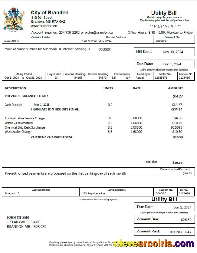 Canada City of Brandon utility bill